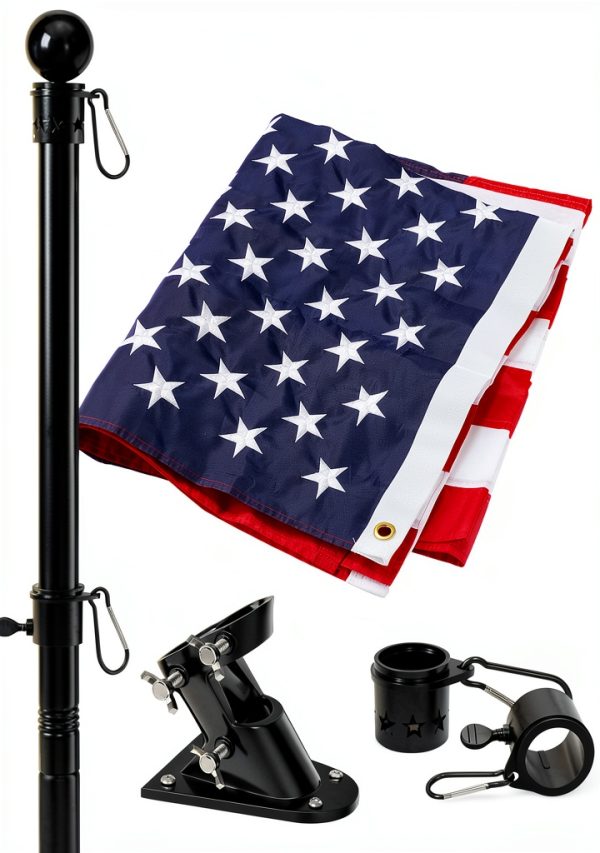 American Flag and Flag Pole for House Outside, 5ft Heavy Duty Flag Poles Kit with 3x5 Embroidered USA Flag, Tangle Free Steel Black Flag Pole with Bracket for Residential, Commercial, Outdoors Garden-0