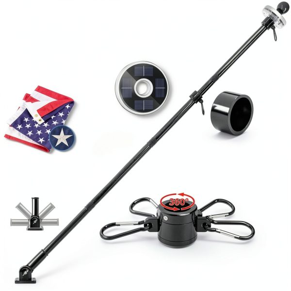 Flag Pole Kit ZMTECH 5FT Solar Light with American Flag Black-1