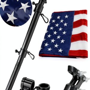 Barcetine American Flag with Pole - Includes 5ft Heavy Duty Flag Pole Holder for Outside House,3x5 Embroidered US Flag and Wall Mount Bracket,Tangle Free Flagpoles Kit for Porch,Garage,Outdoor-0
